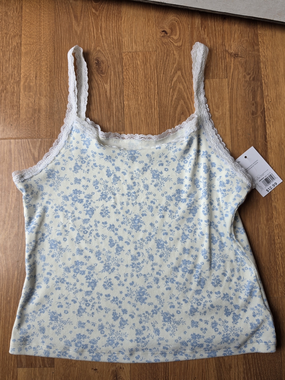 SO Blue Floral Lace-Trim Ribbed Cami